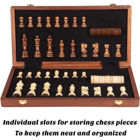 Magnetic Wooden Chess & Checkers Set (2 in 1) - Folding Board - Picture 3 of 8